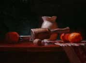 Still-life with oranges, walnuts, and a mallet